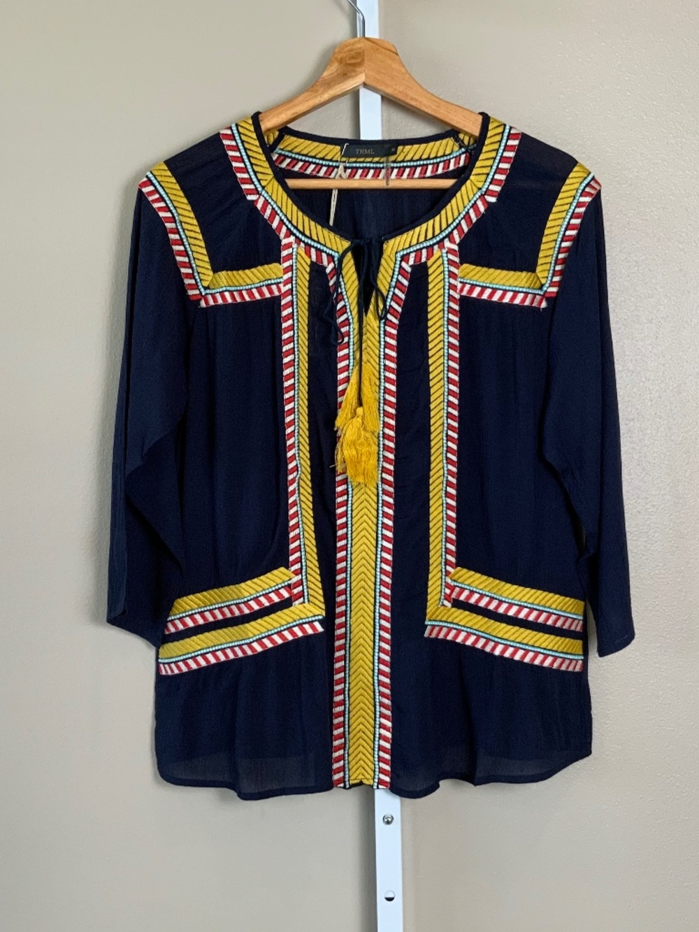 THML Embroidered Tassel Tie 3/4 Sleeve Top - Picture 2 of 16